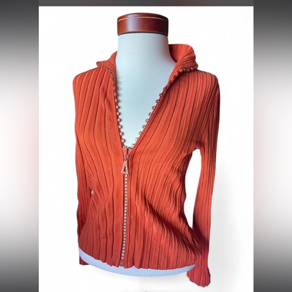 Y2K Ribbed Orange Zip up Sweater‎ with rhinestone zipper detail ✨